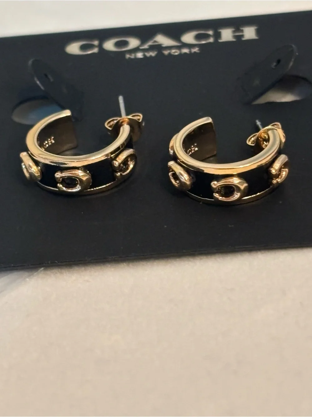 Coach Black Enamel Gold Tone Signature C Hoop Earrings | Classic Designer Hoops